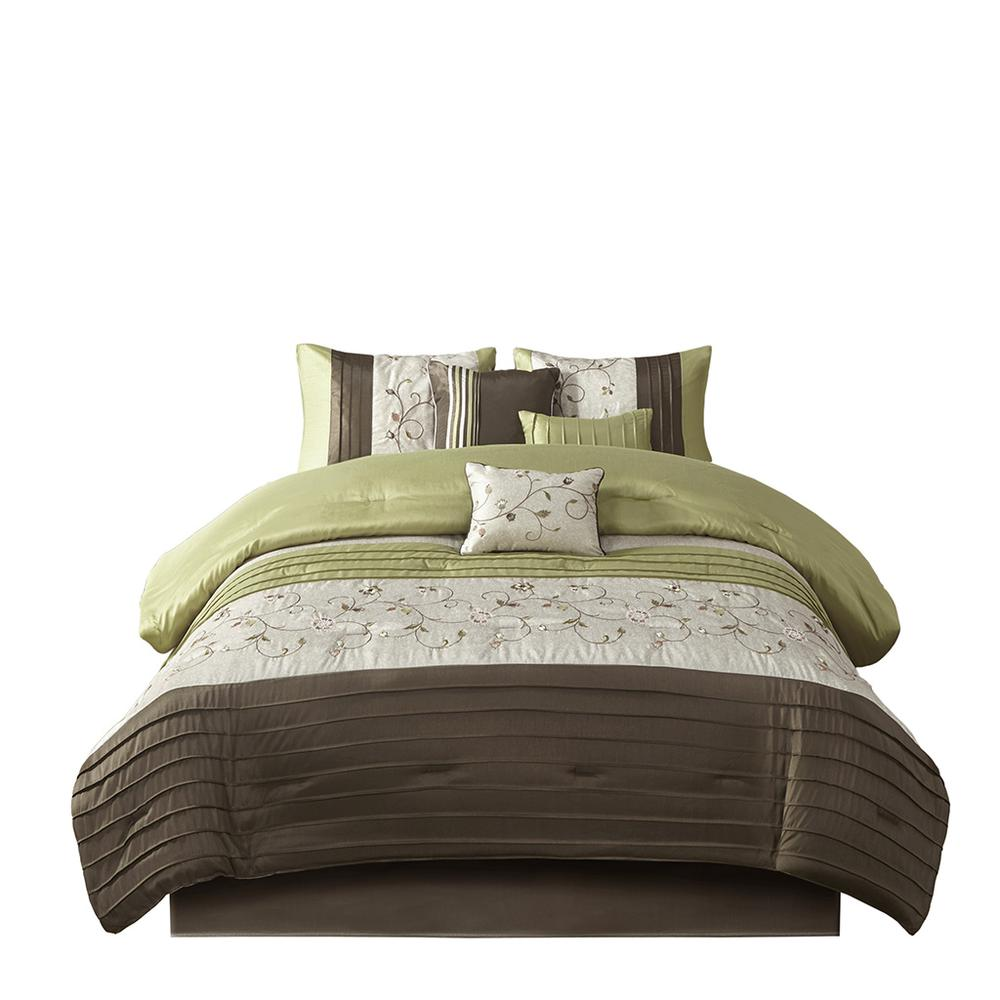 Green, Chocolate & Taupe - Serene Embroidered Comforter Set (7 Piece) Queen