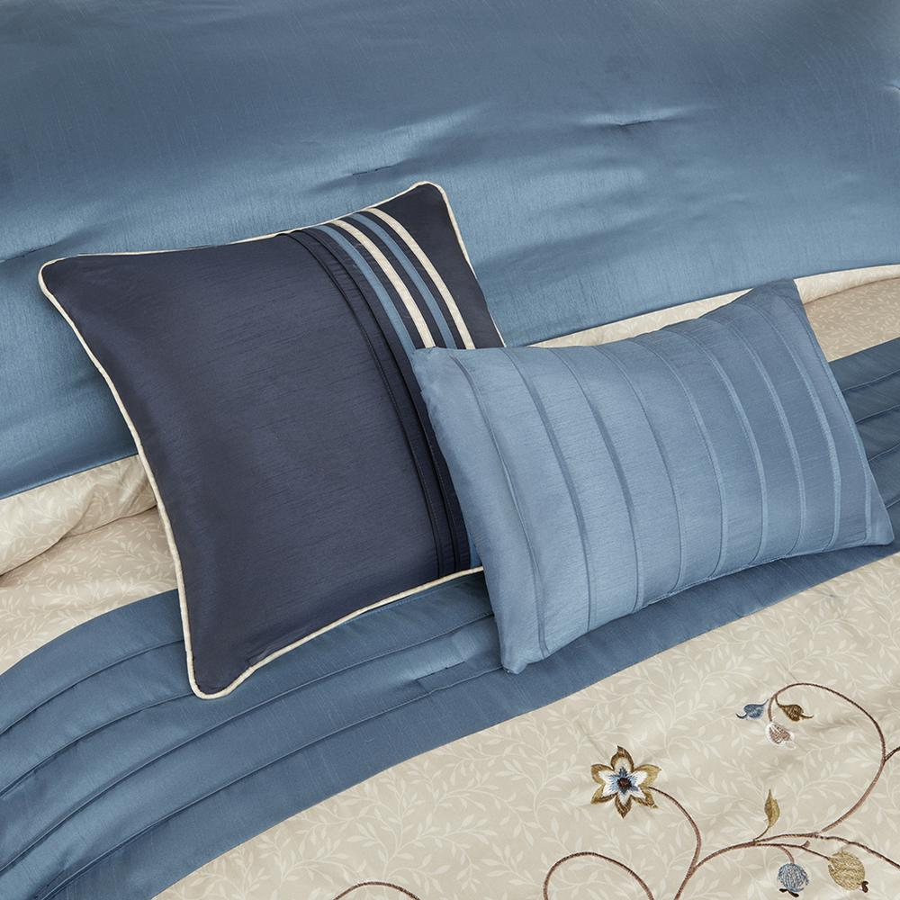 Dusty Blue, Navy & Taupe - Serene Embroidered Comforter Set (7 Piece) Queen