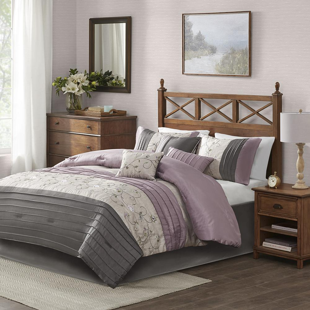 Soft Purple, Charcoal Grey, and Light Grey - Serene Embroidered Comforter Set (7 Piece) Queen