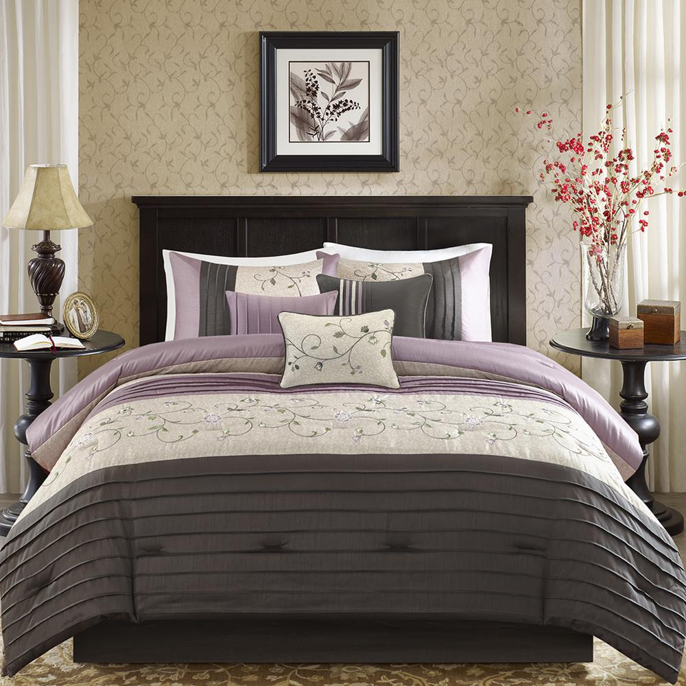 Soft Purple, Charcoal Grey, and Light Grey - Serene Embroidered Comforter Set (7 Piece) King