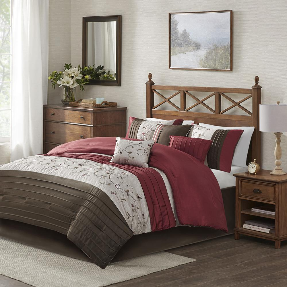 Red, Ivory & Chocolate Brown - Serene Embroidered Comforter Set (7 Piece) Queen