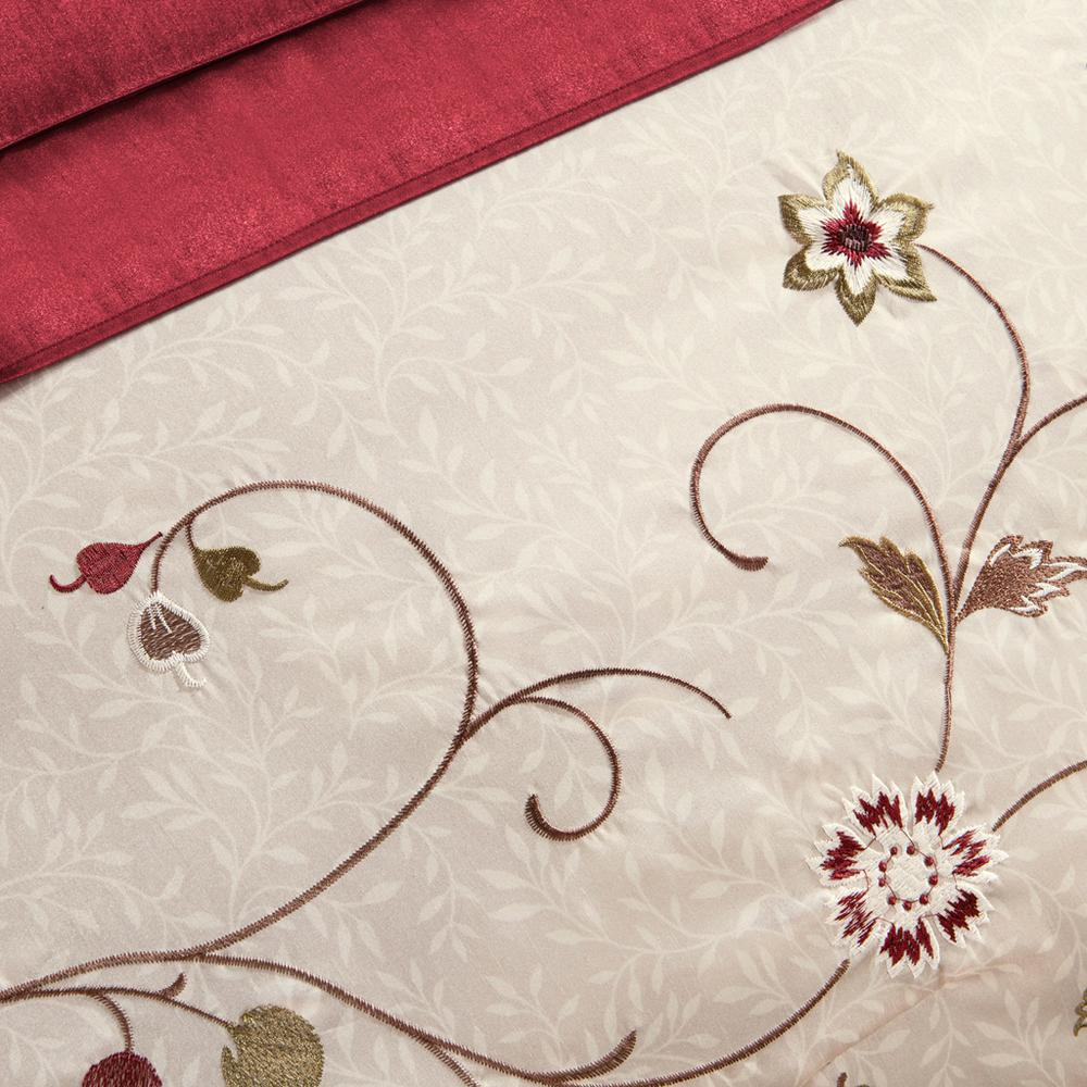 Red, Ivory & Chocolate Brown - Serene Embroidered Comforter Set (7 Piece) Queen