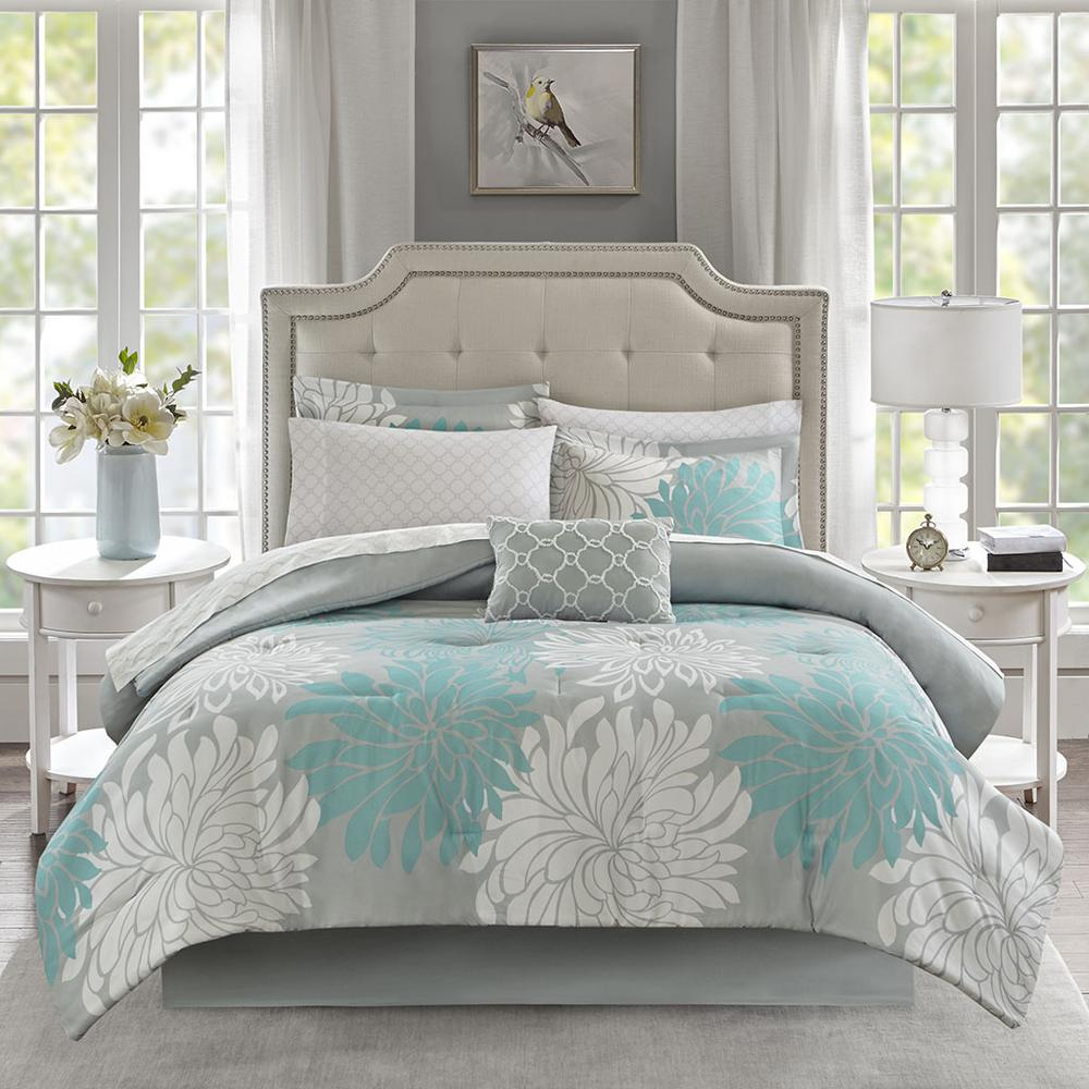Aqua & Grey - Floral Ultra-Soft Microfiber Comforter Set (9 Pieces) Queen