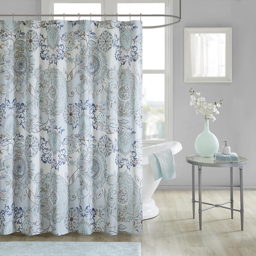 Soft Blue - Sunlit Medallion Cotton Shower Curtain (72"x72")