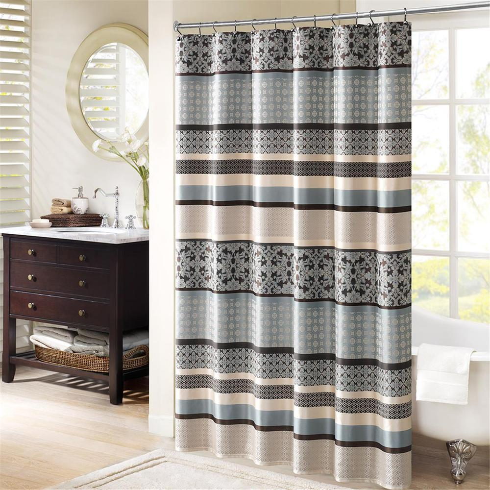 Grey, Ivory & Soft Blue - Geometric Jacquard Shower Curtain (72"x72")