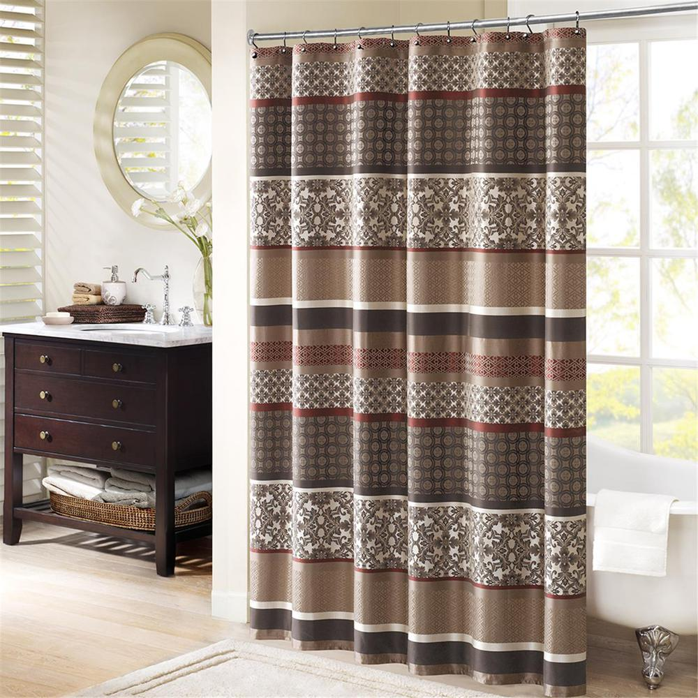 Rich Brown, Red & Ivory - Geometric Jacquard Shower Curtain (72"x72")