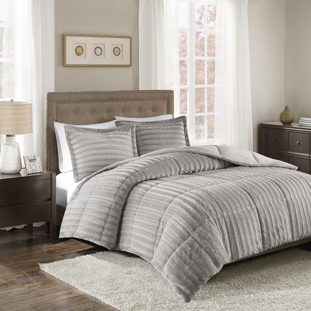 Grey - Luxurious Faux Fur Comforter Set (3 Piece) Full/Queen