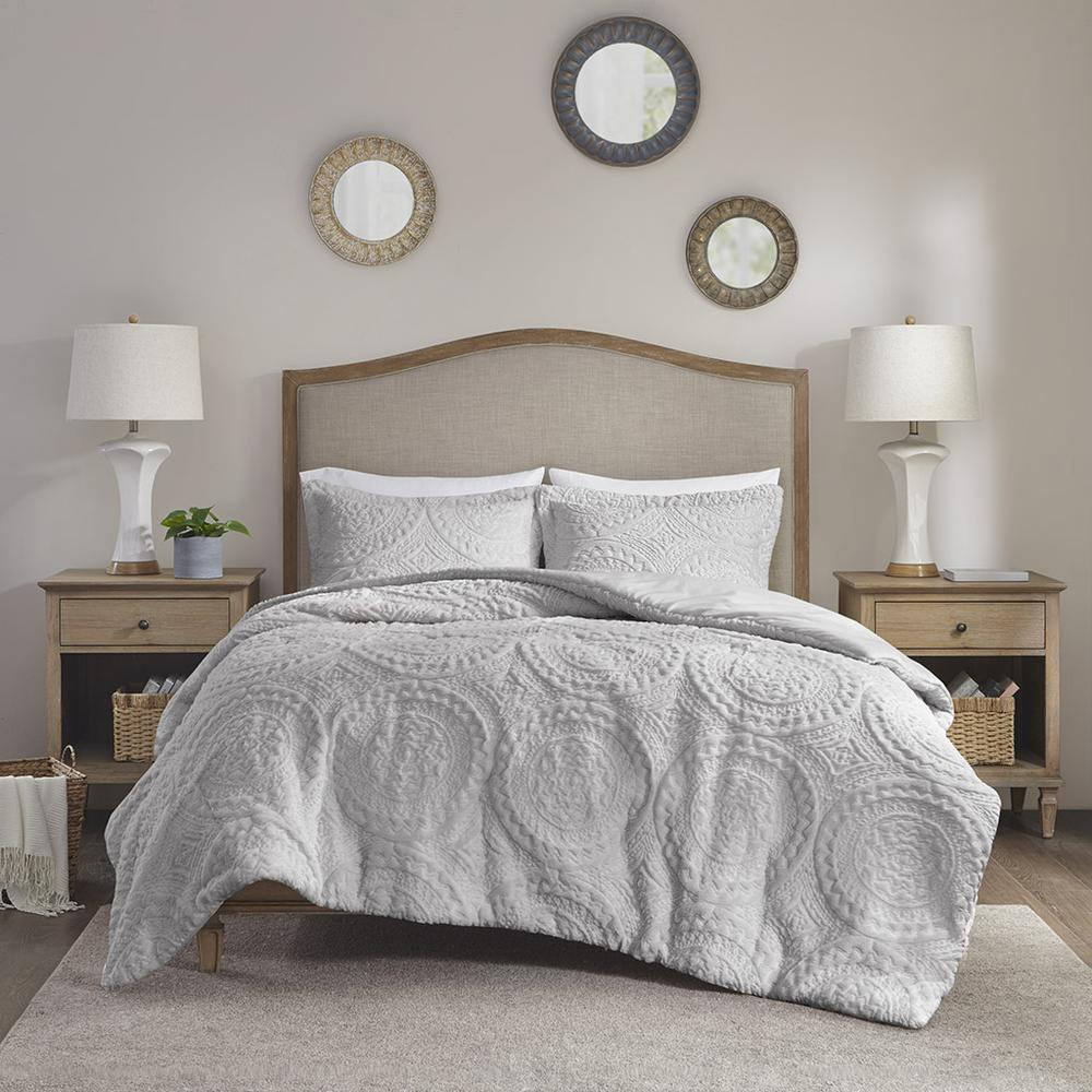 Grey - Beautifully Embroidered Medallion Comforter Set (3 Piece) Twin