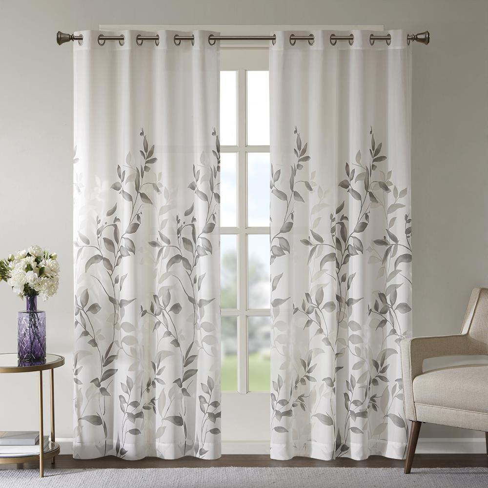 Grey - Modern Botanical Design Curtain Panel (84")