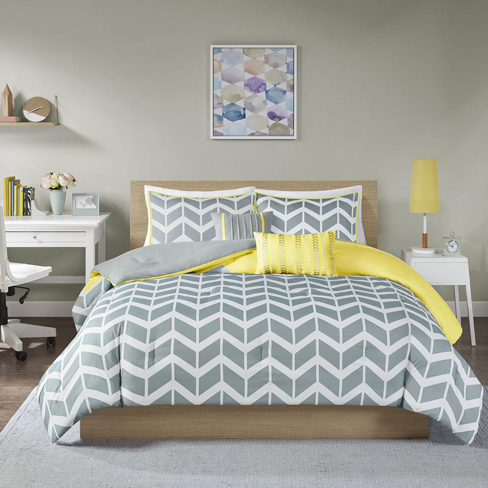 Grey & Yellow - Chic Modern Design Comforter Set (5 Piece) King/Cal King