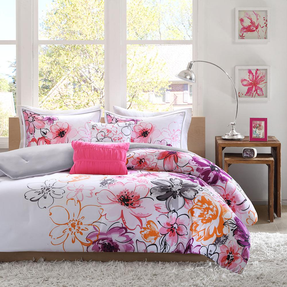 Pink, Purple & Grey - Vibrant Floral Comforter Set (5 Piece) Full/Queen
