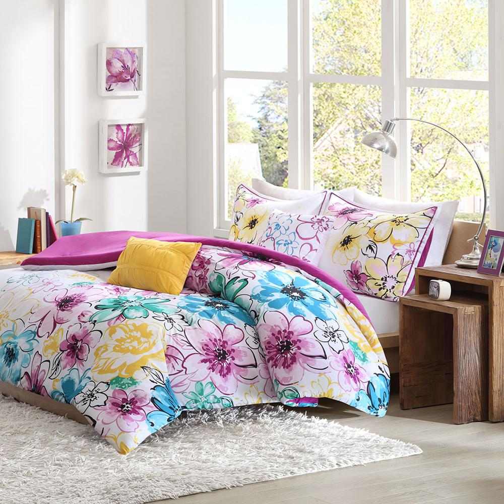 Fuchsia, Yellow & Blue - Vibrant Floral Comforter Set (5 Piece) Full/Queen