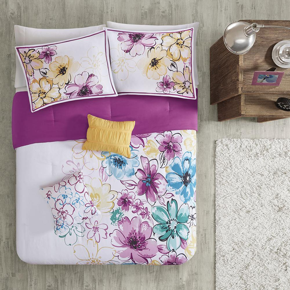 Fuchsia, Yellow & Blue - Vibrant Floral Comforter Set (5 Piece) Full/Queen