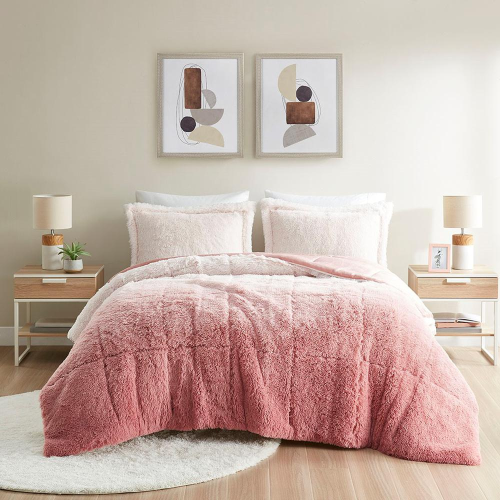 Redish/Pink - Trendy Shaggy Faux Fur Comforter Set (3 Piece) Twin/Twin XL
