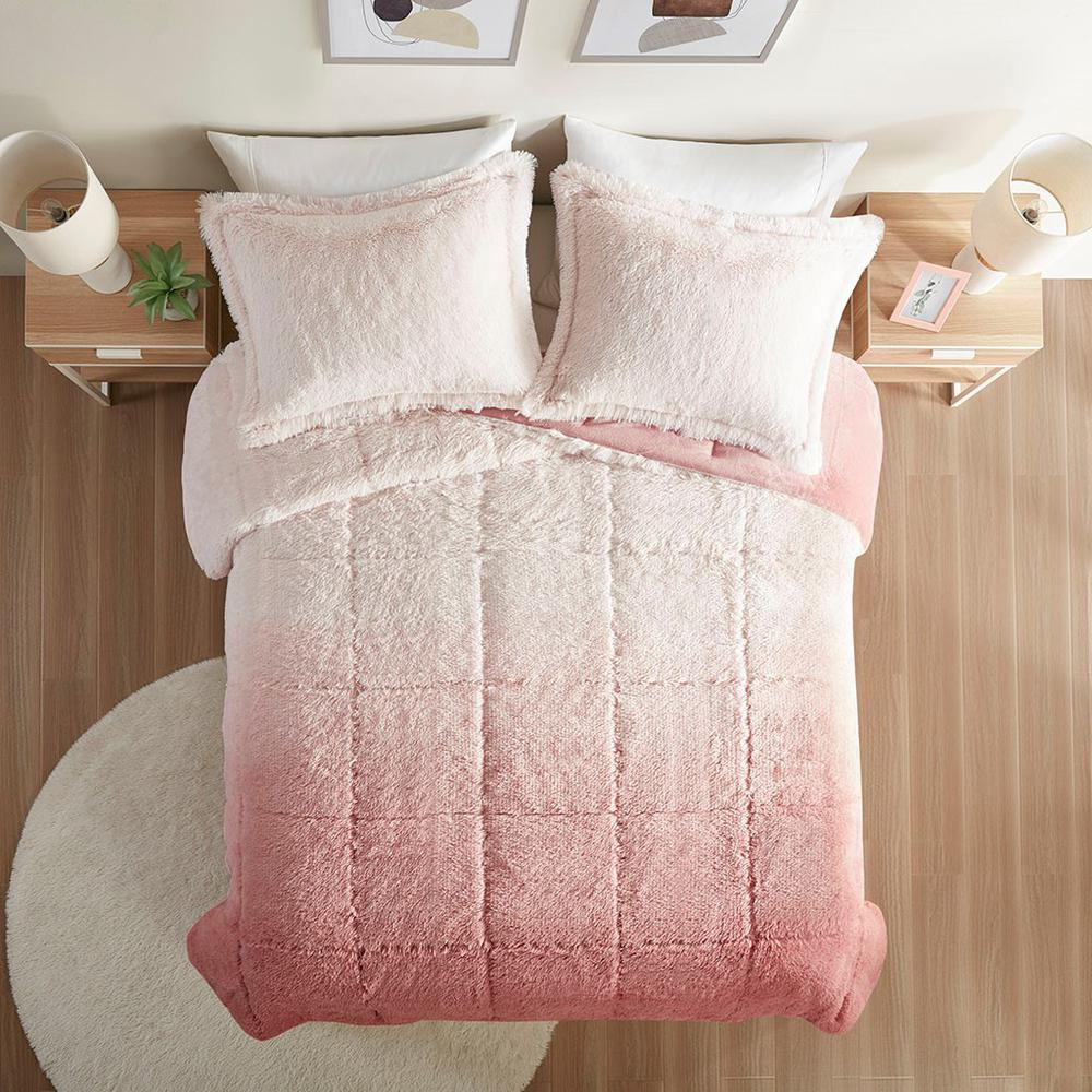 Redish/Pink - Trendy Shaggy Faux Fur Comforter Set (3 Piece) Twin/Twin XL
