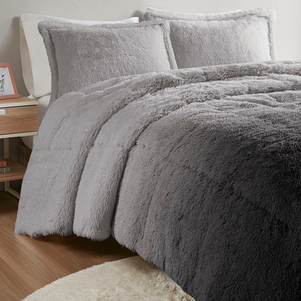 Greyish/Black - Trendy Shaggy Faux Fur Comforter Set (3 Piece) King/Cal King