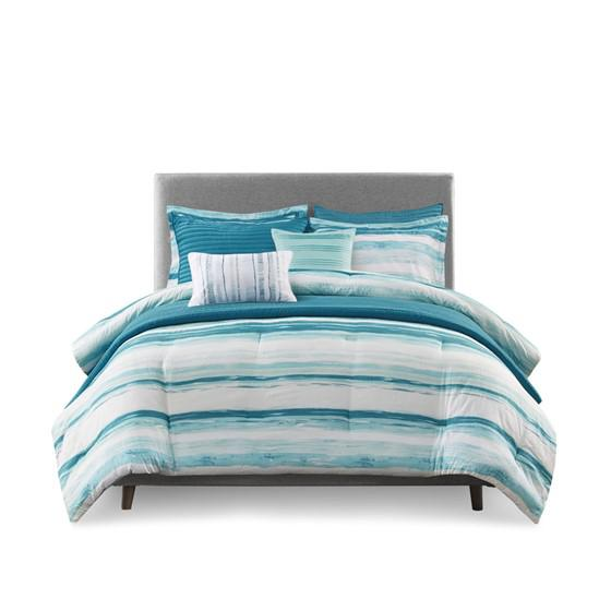 Aqua - Chic Marina Stripe Print Seersucker Comforter Set (8 Piece) Full/Queen