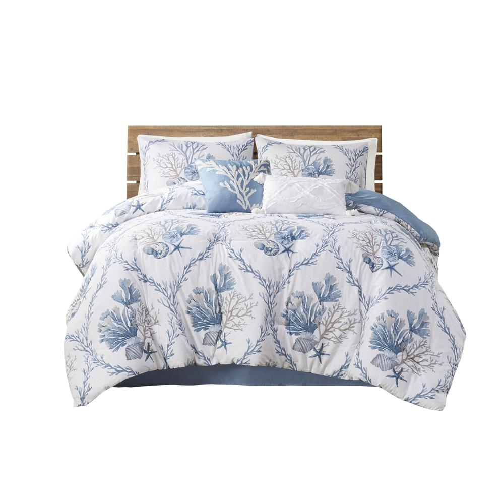 Blue/White -  Dazzling Beach Inspired Oversized Cotton Comforter Set (6 Piece) Full