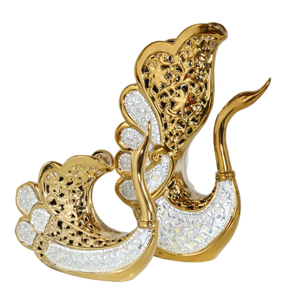 Gold - Opal Gemstone Swan Vase Set (2 Piece - 16" & 9" Tall)
