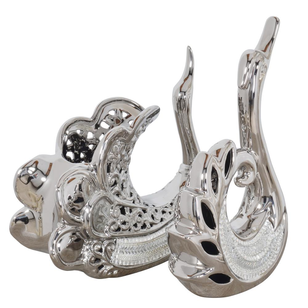 Silver - Opal Gemstone Swan Vase Set (2 Piece - 11" & 10" Tall)