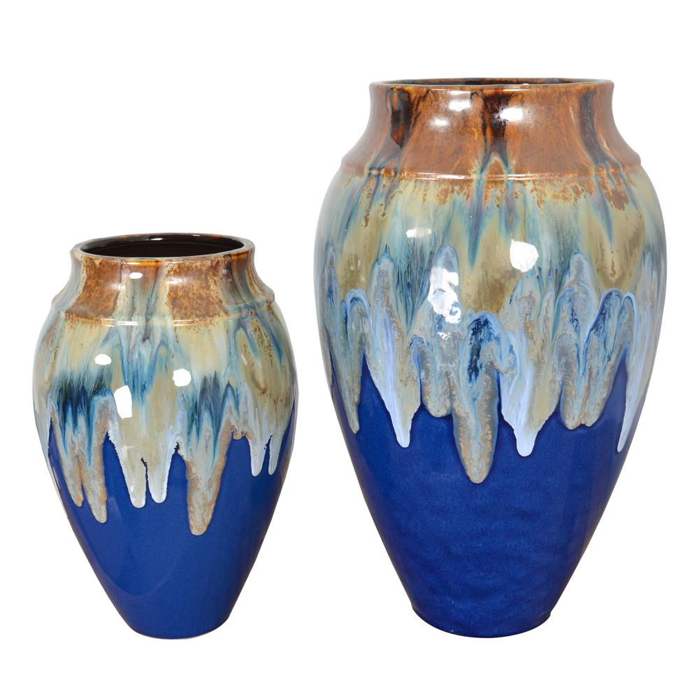 Bold Cobalt Blue Wave Design Vase Set (2 Piece, Small & Large)