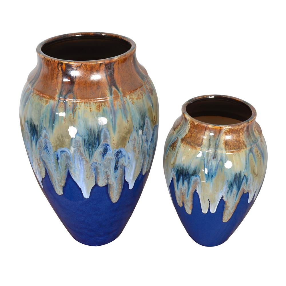 Bold Cobalt Blue Wave Design Vase Set (2 Piece, Small & Large)