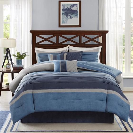 Navy, Blue & Grey - Transitional Style Microsuede Comforter Set (7 Piece) Queen