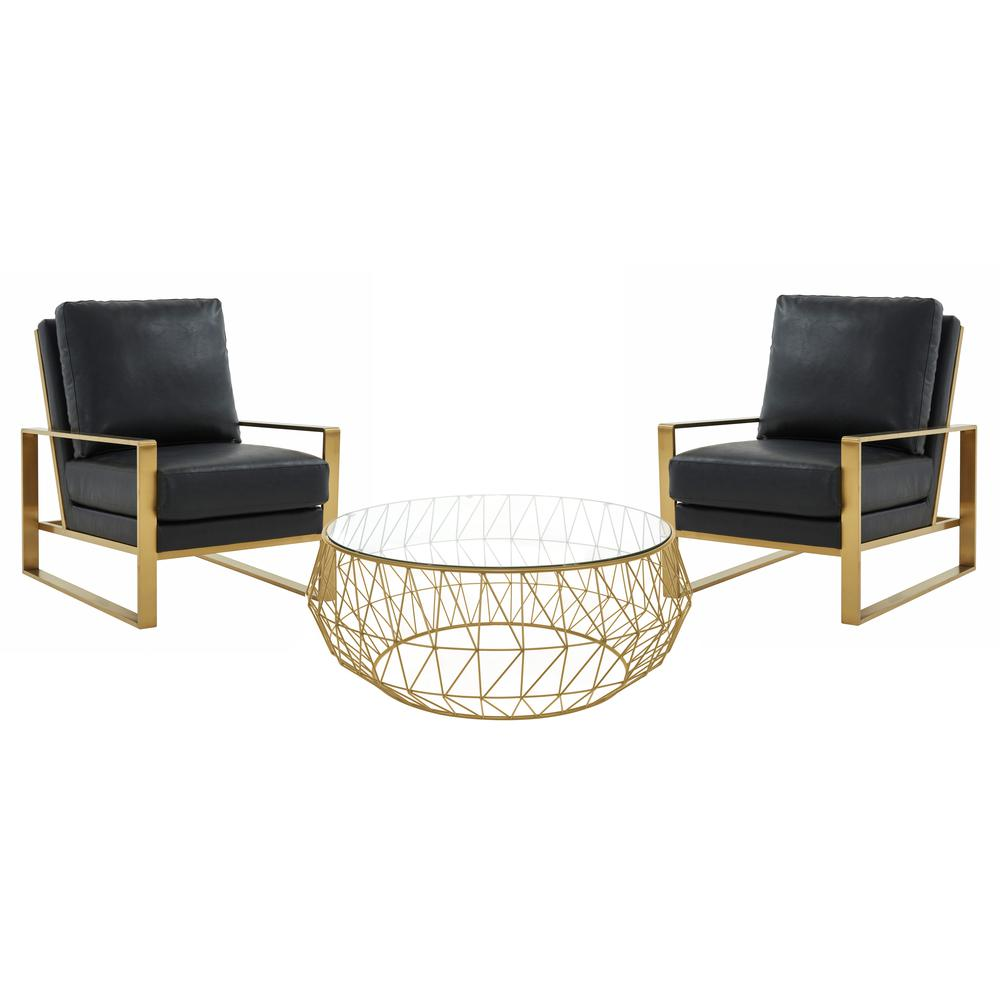 Black/Gold - Modern Luxe Glass Top Coffee Table With Leather Armchairs (3 Pc)