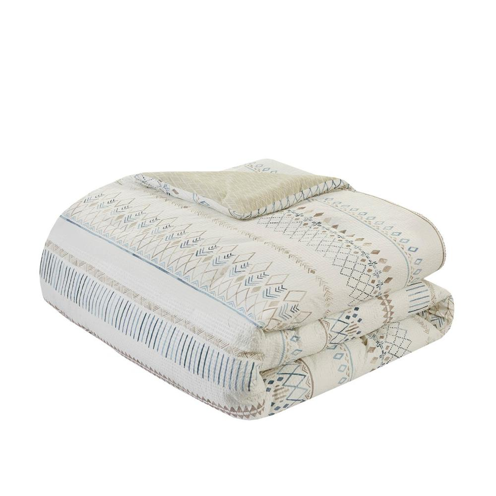 Soft Blue & Taupe - Lovely Diamond Design Seersucker Print Comforter Set (5 Piece) King