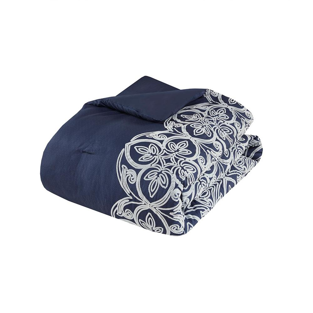 Rich Navy - Botanical Medallion Design Microfiber Comforter Set (7 Piece) Queen