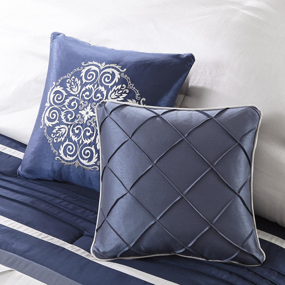 Dusty Blue, Navy & Grey - Sleek Textured Block Pattern Comforter Set (7 Piece) Cal King