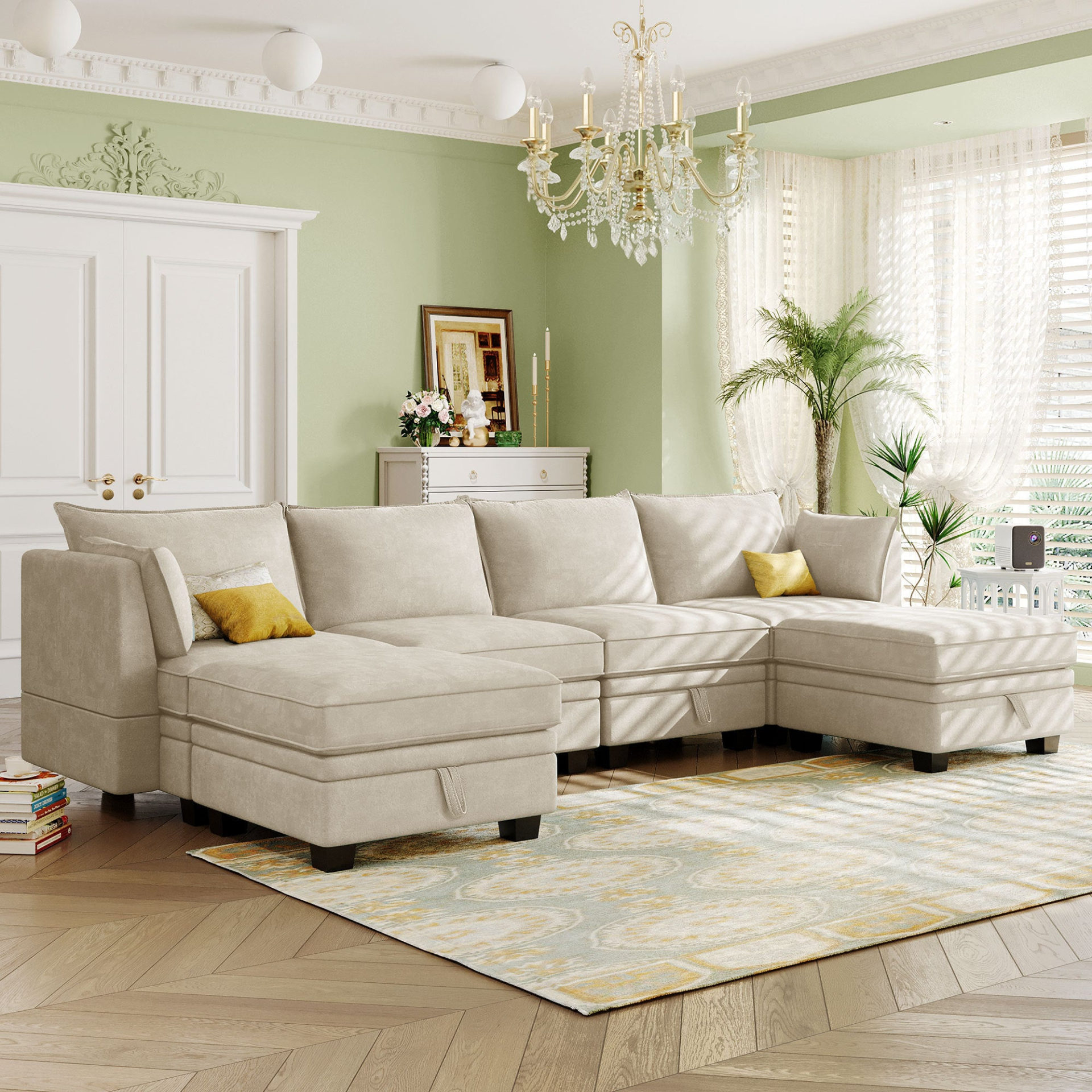 Beige - Contemporary U-Shape Sectional: Convertible Sofa Bed With Reversible Chaise & Storage