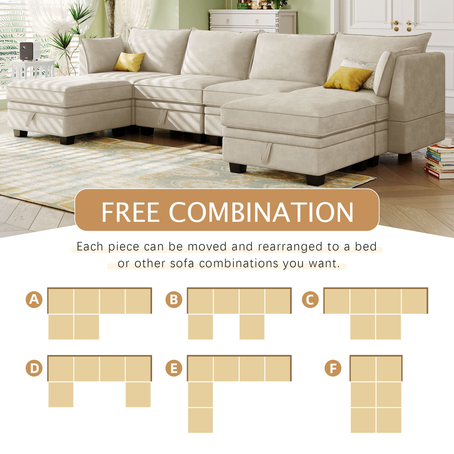 Beige - Contemporary U-Shape Sectional: Convertible Sofa Bed With Reversible Chaise & Storage