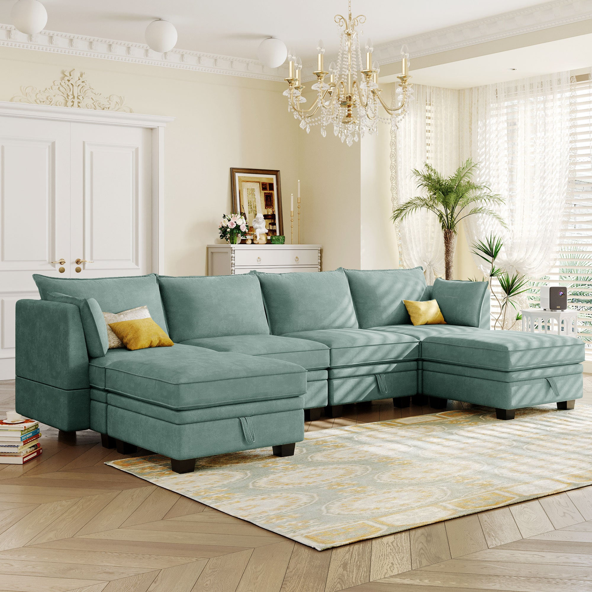 Green/Aqua: U-Shape Urban Chic Modular Convertible Sectional Sofa with Reversible Chaise and Hidden Storage (115" x 59"")