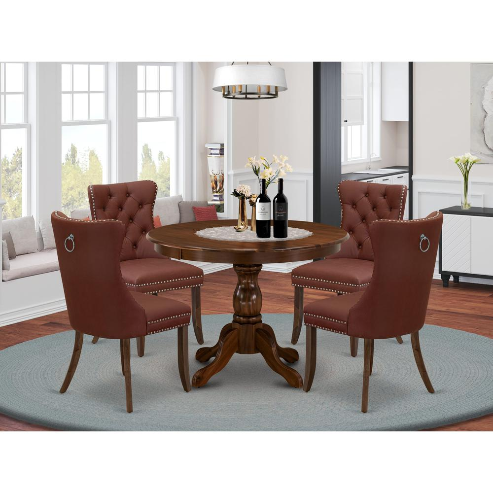 Burgundy/Walnut - Round Style: Modern Elegant Dining Table Set (5 Pc)