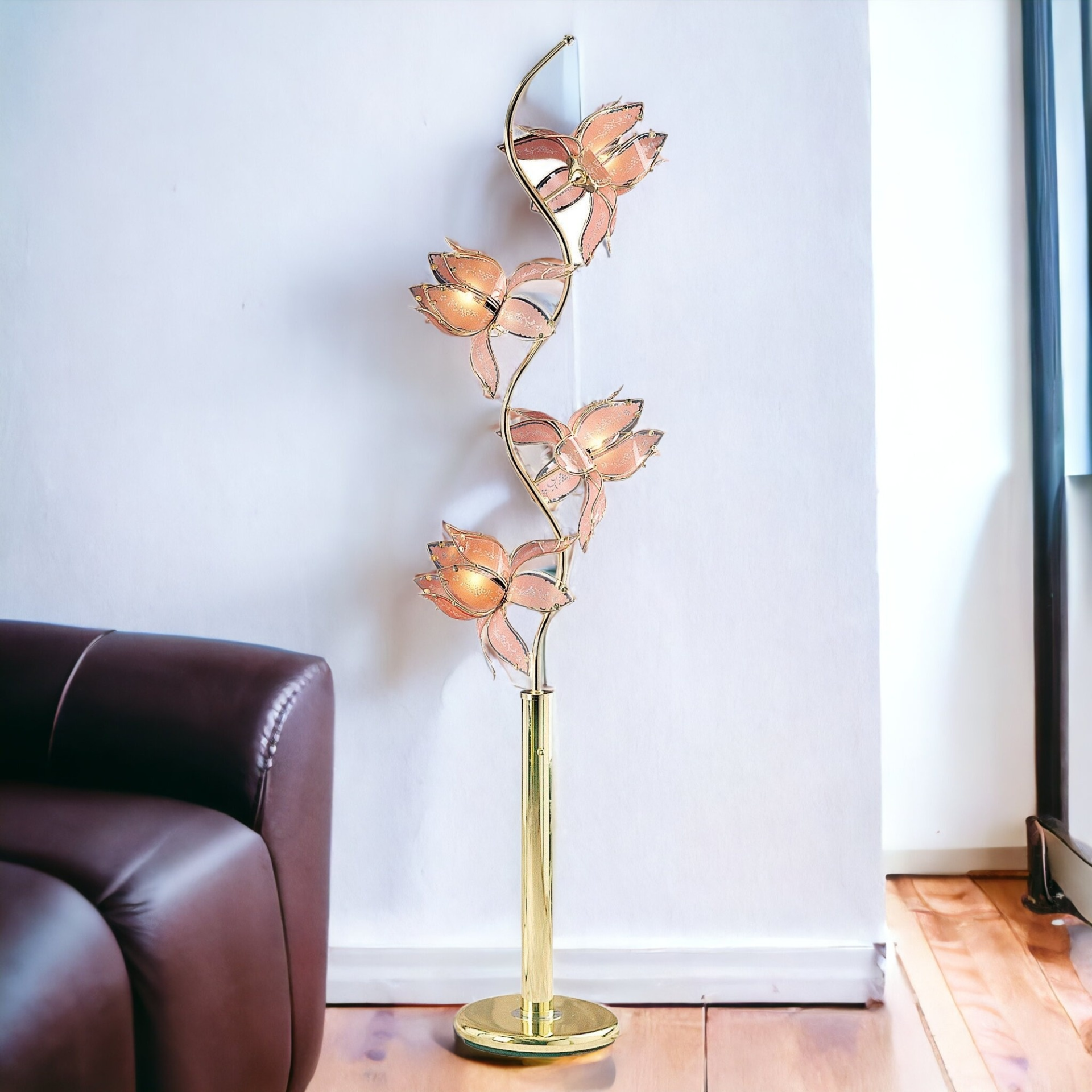 Exquisite Gold Trimming Floor Lamp With Pink Flowers Novelty-Shape Shade (76"H)