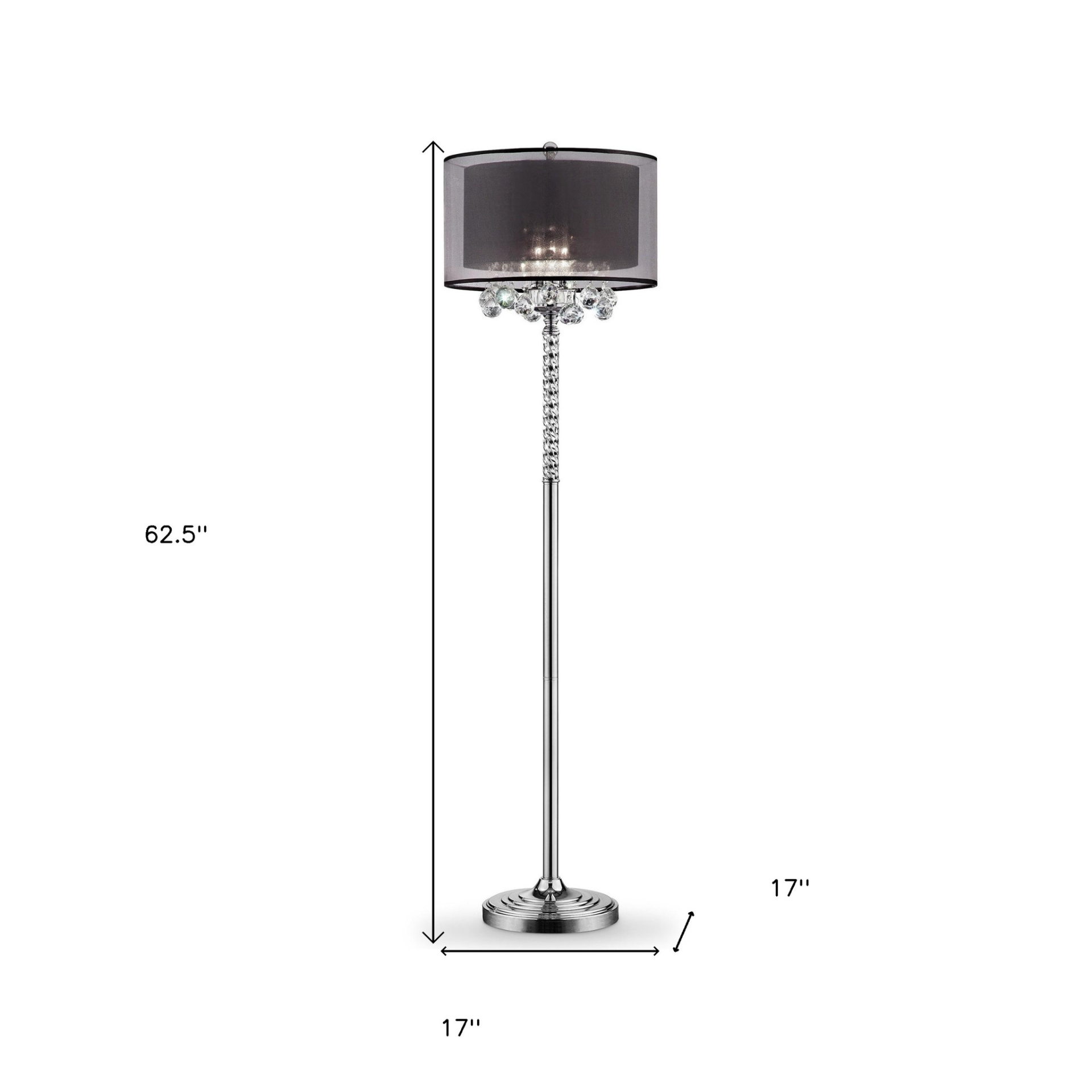 Sleek Three Light Candelabra Floor Lamp with Black Shade & Crystal Accents (62.5"H)