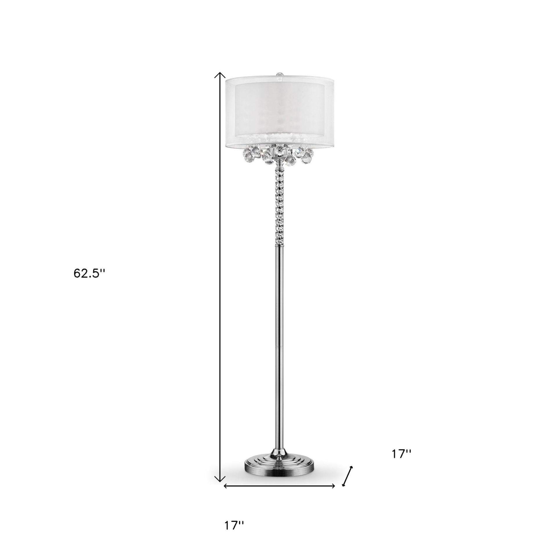 Sleek Three Light Candelabra Floor Lamp with White Shade & Crystal Accents (62.5"H)