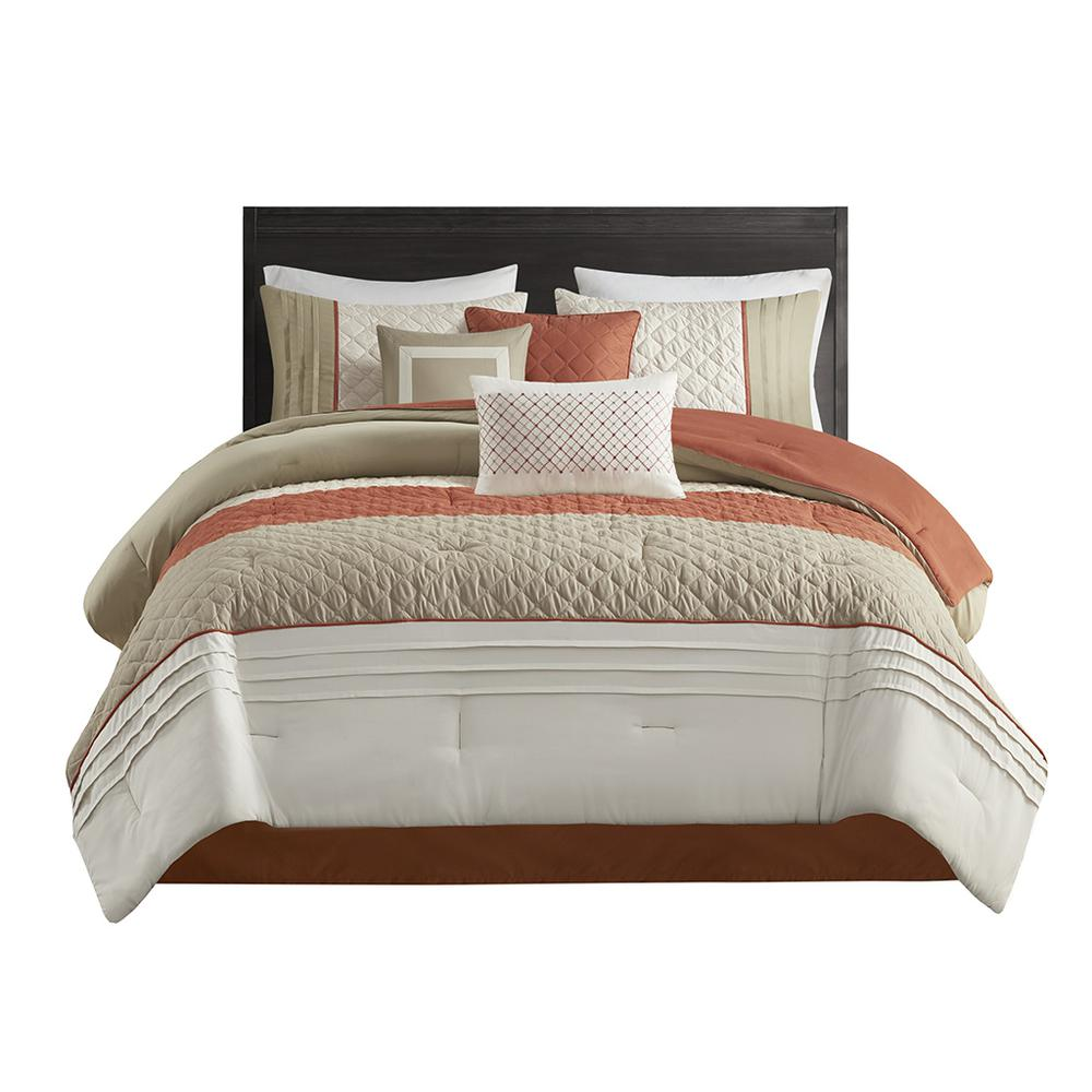 Orange & Beige Stylish Block Stripe Comforter Set (7 Piece) King