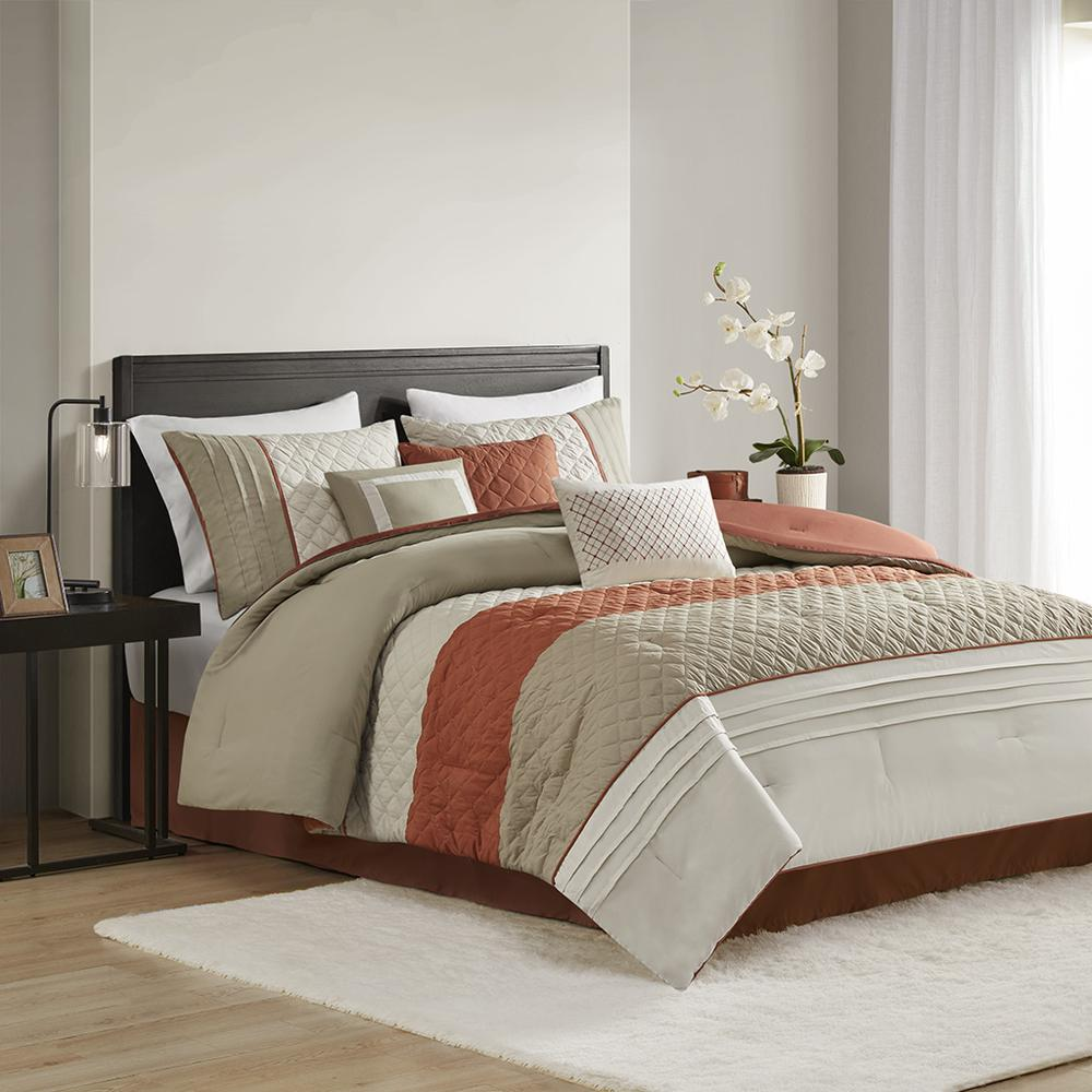 Orange & Beige - Stylish Block Stripe Comforter Set (7 Piece) King
