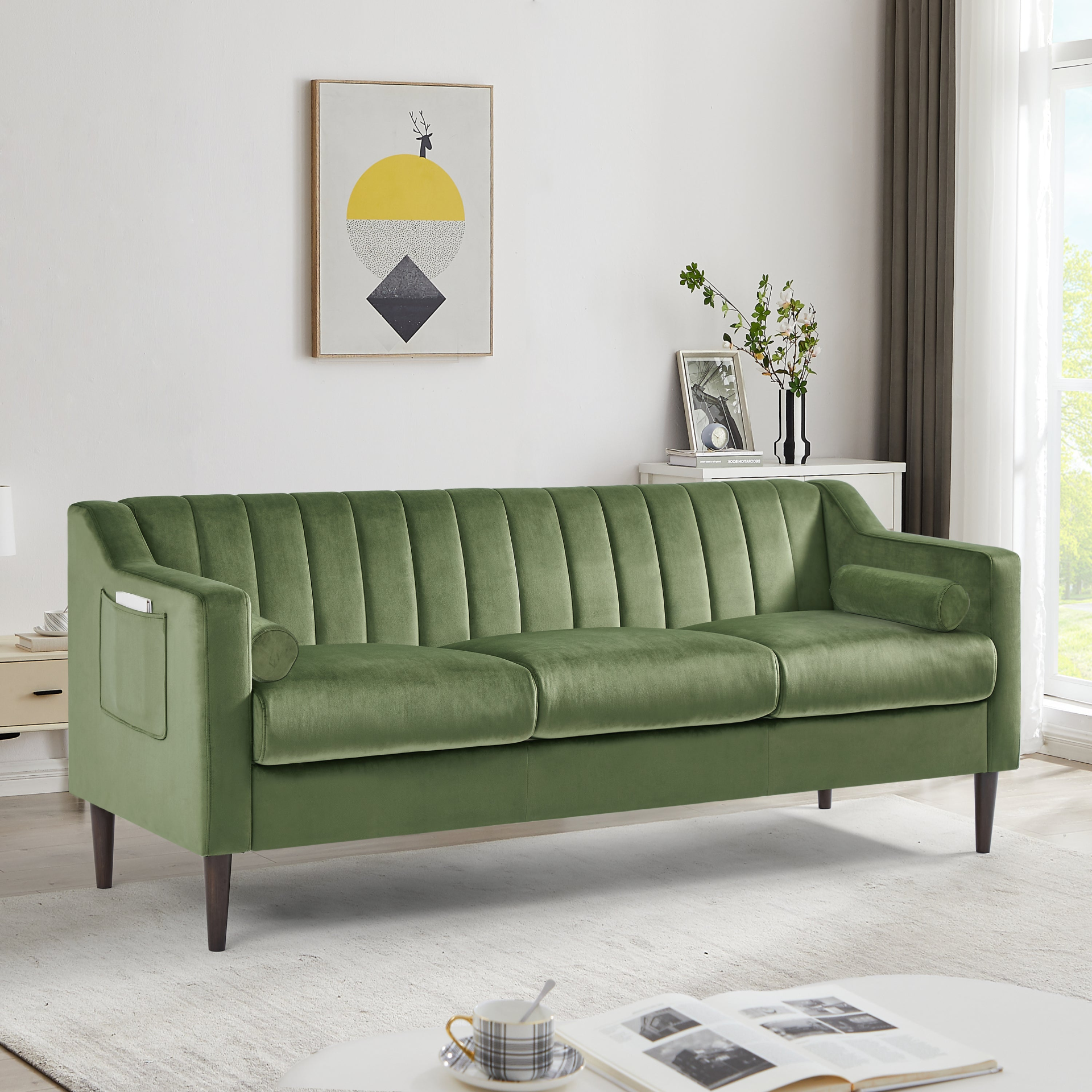 Green Velvet 3-Seat Upholstered Sofa with Wooden Legs (76"x28")