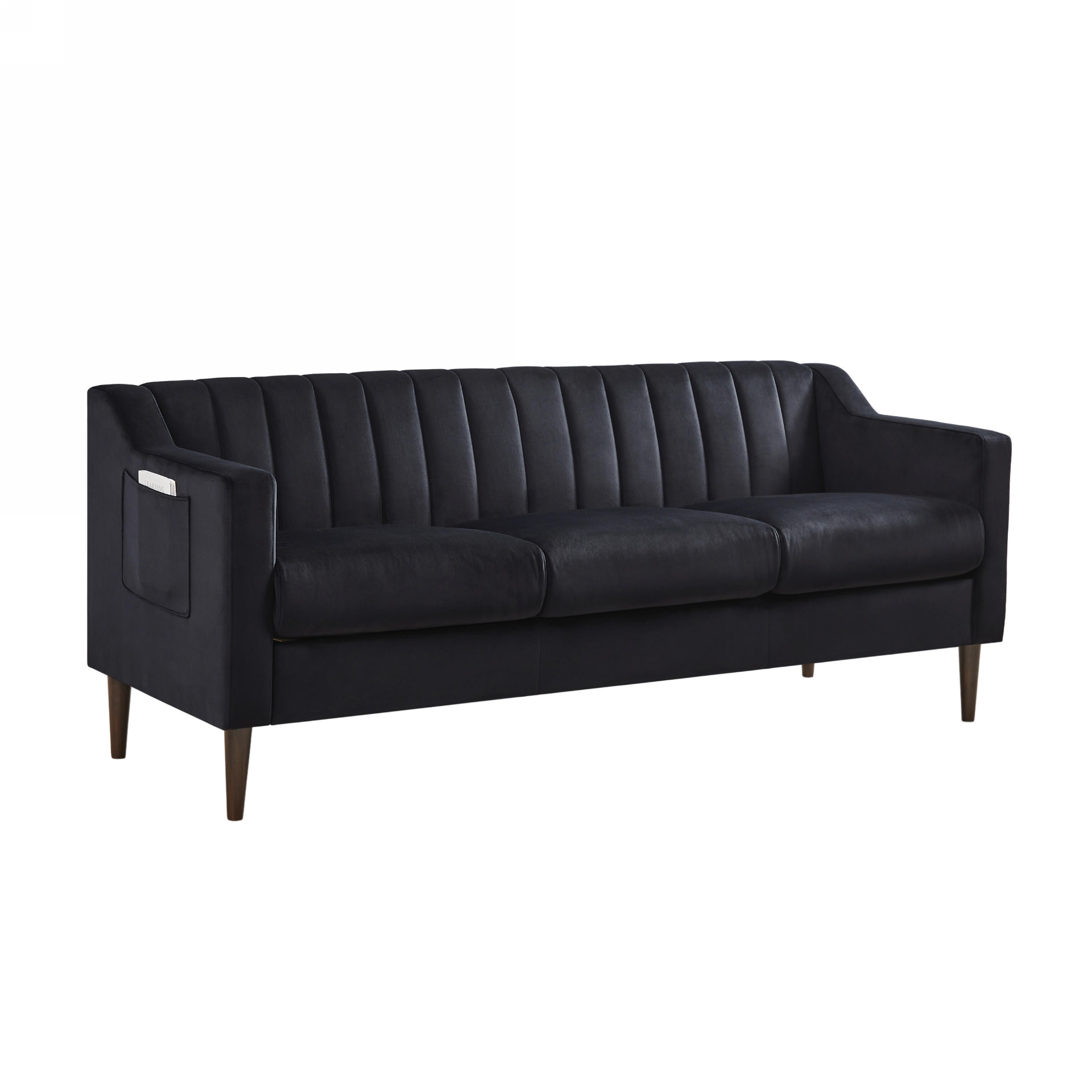 Black Velvet 3-Seat Upholstered Sofa with Wooden Legs (77"x28")