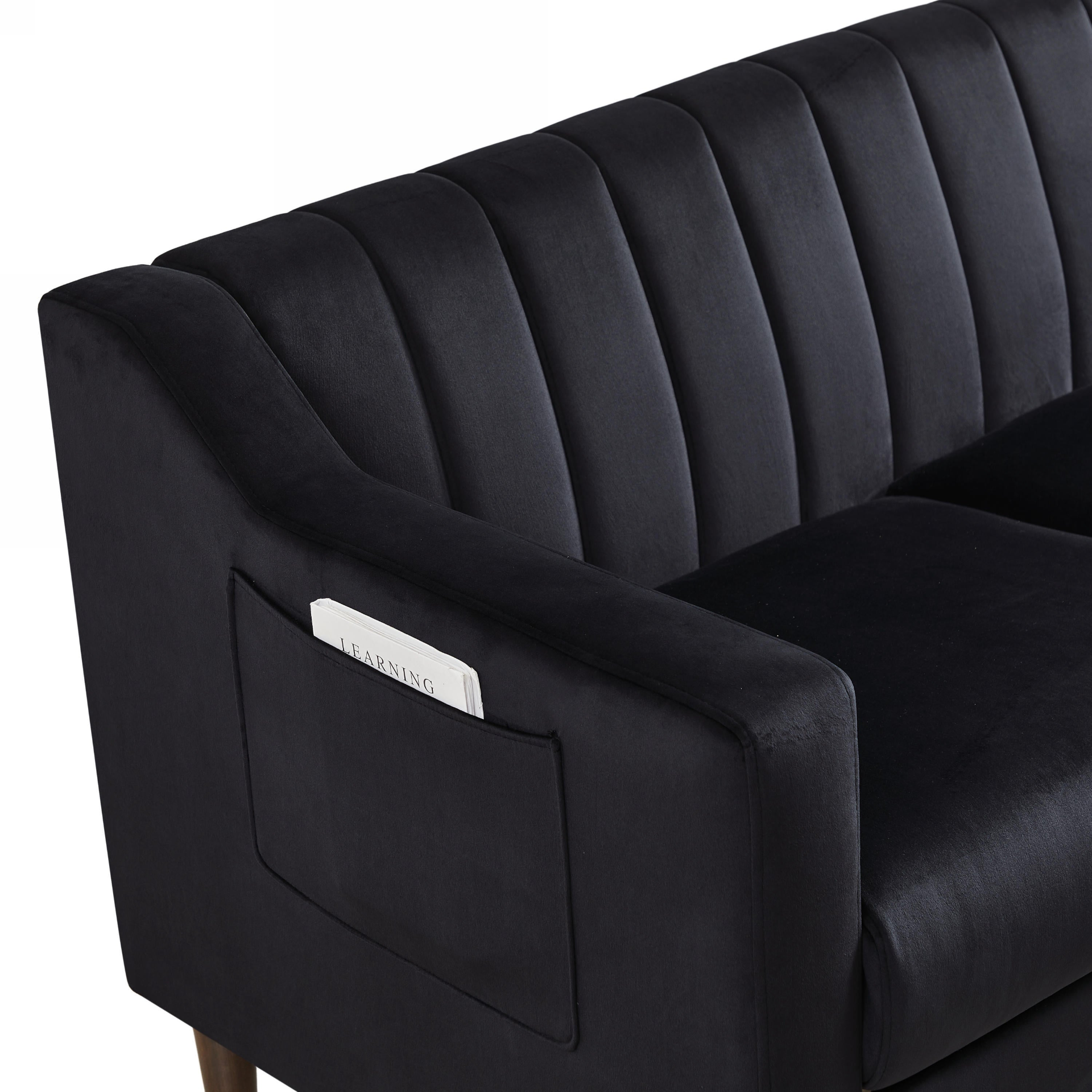 Black Velvet 3-Seat Upholstered Sofa with Wooden Legs (77"x28")