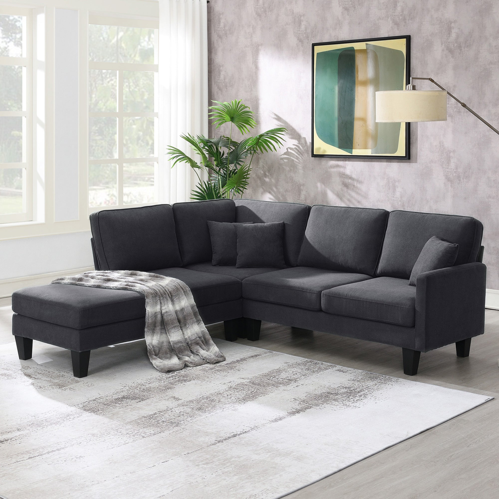 Dark Grey - Simple Luxe L-Shape 5-Seat Sectional Sofa with Chaise Lounge and 3 Pillows (90"x88")