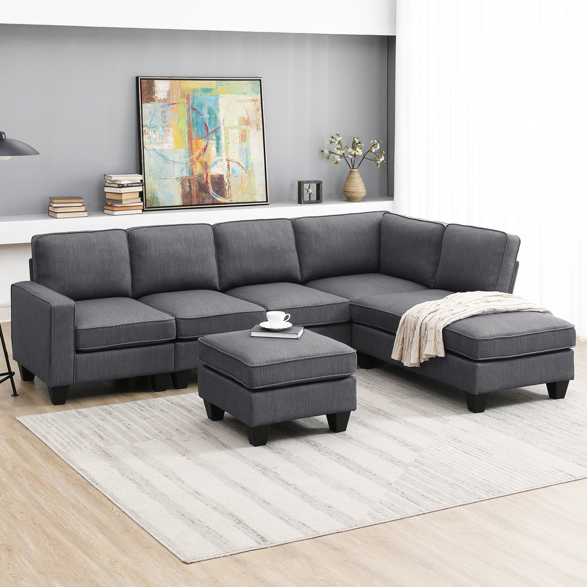 Dark Grey - Plush L-Shape 7-Seat Sectional Sofa with Chaise Lounge and Convertible Ottoman (104"x79")