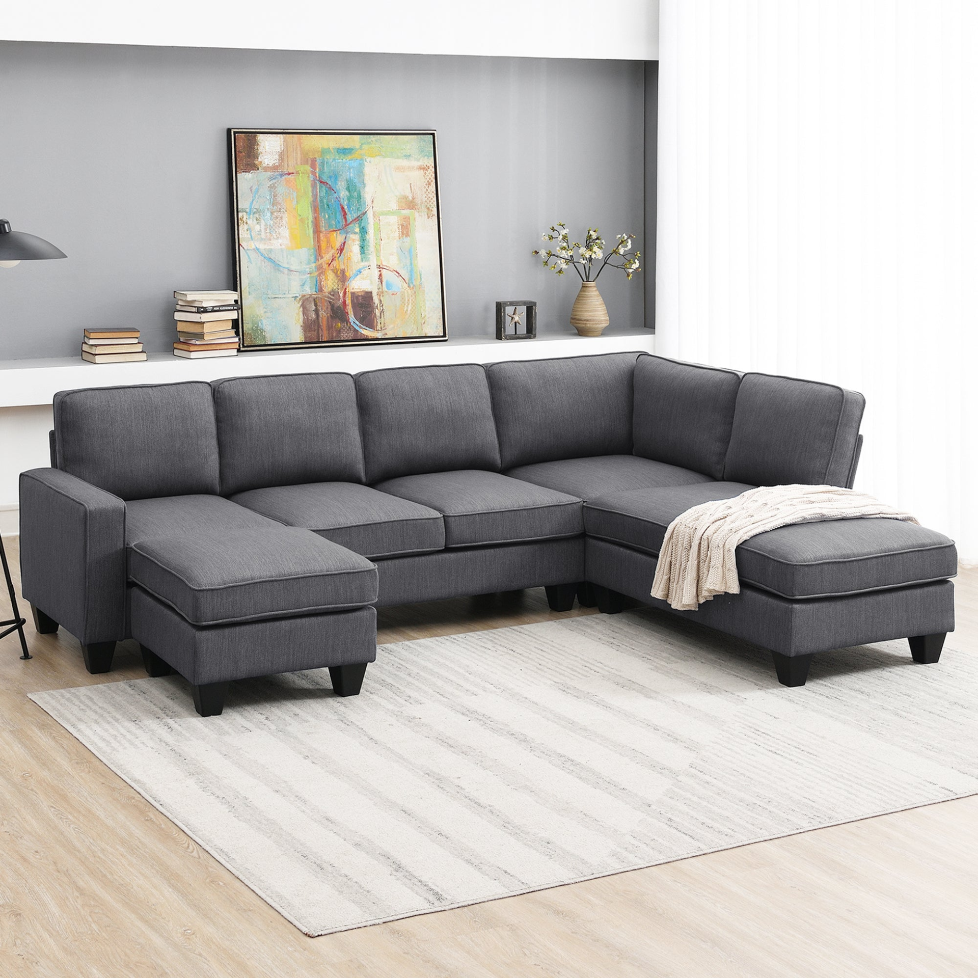 Dark Grey - Plush L-Shape 7-Seat Sectional Sofa with Chaise Lounge and Convertible Ottoman (104"x79")