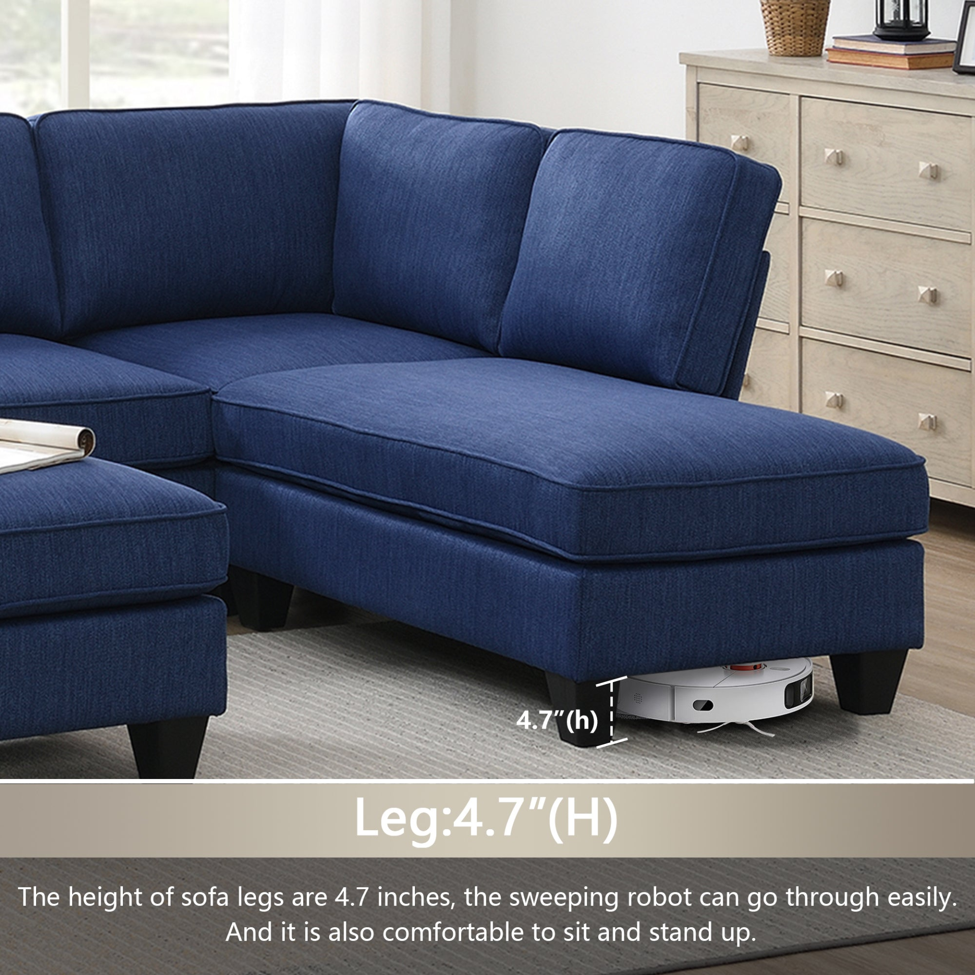 Blue - Plush L-Shape 7-Seat Sectional Sofa with Chaise Lounge and Convertible Ottoman (104"x79")