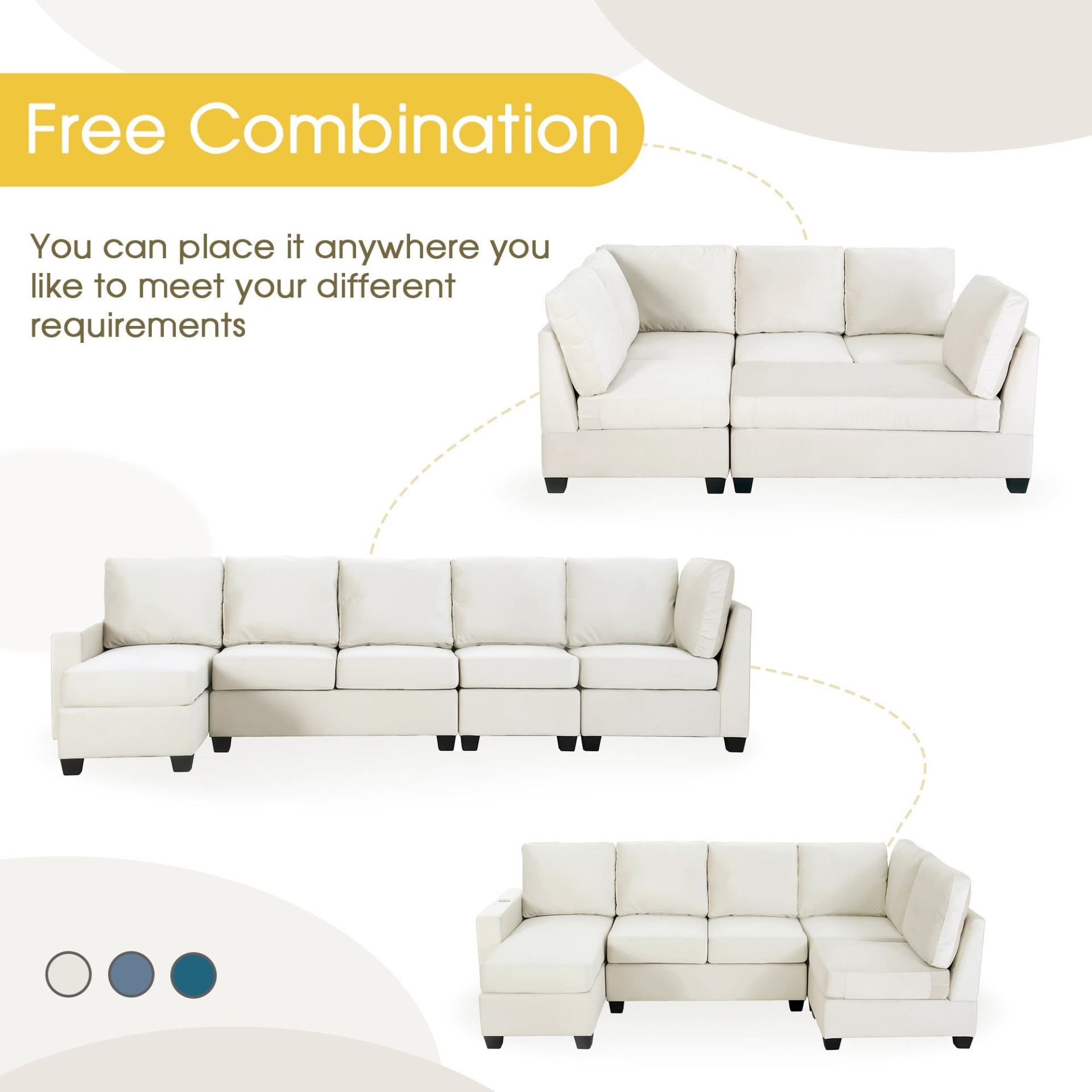 Cream: Luxe L-Shape 6-Seater Sectional Sofa with Convertible Chaise Lounge (138"x57")