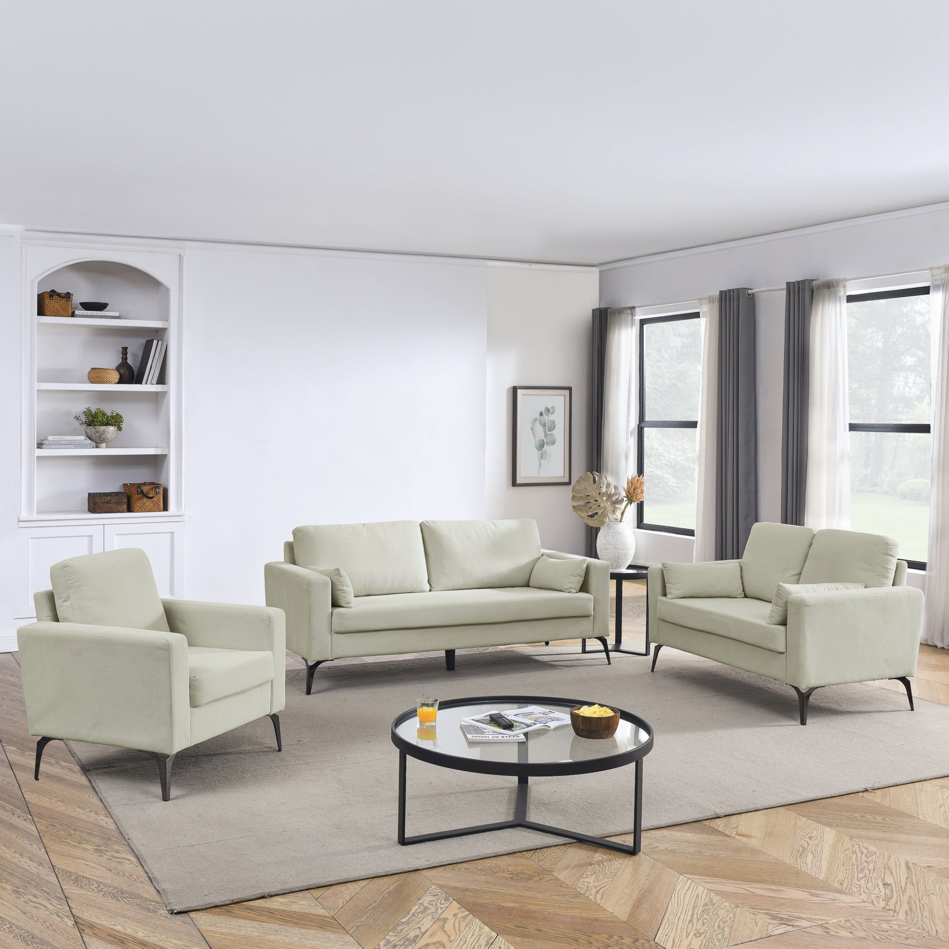 Beige - Classic Corduroy Trio: 3-Piece Living Room Sofa Set With 2 Small Pillows