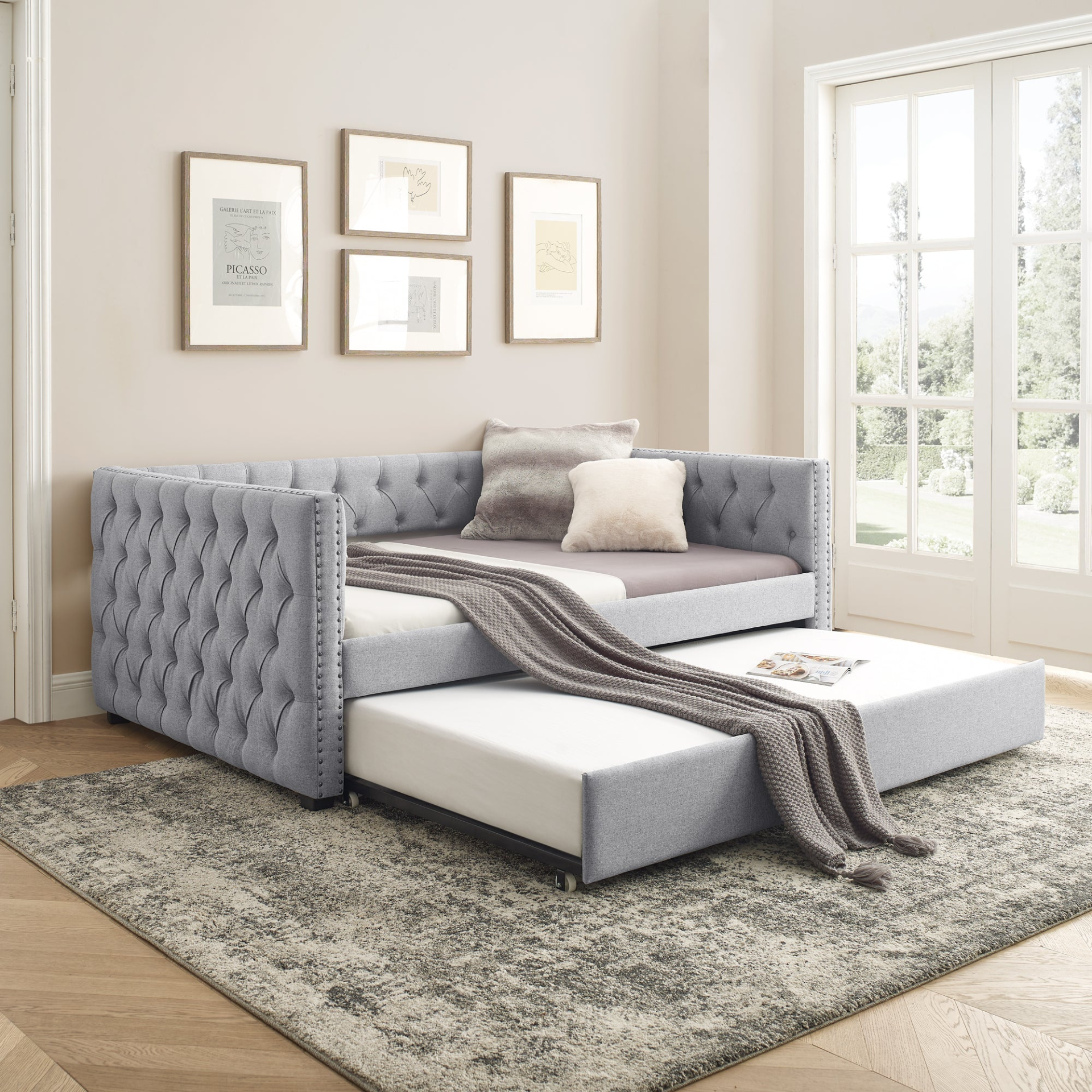 Grey - Button Tufted Daybed Sofa with Pull-Out Trundle - Full Size Daybed & Twin Trundle (85"x57"x31.5")